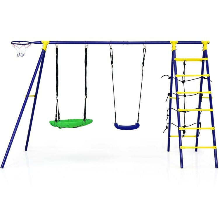 5In1Combo Swing Set Outdoor Kids Swing Set w/A-Shaped Metal Frame & Ground Stake