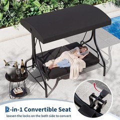 3-Seat Outdoor Porch Swing with Adjustable Canopy, Patio Swing Chair with Stand,