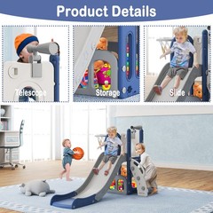 6 in 1 Toddler Slide with Basketball & Telescope, Indoor Playset for Age 1-3