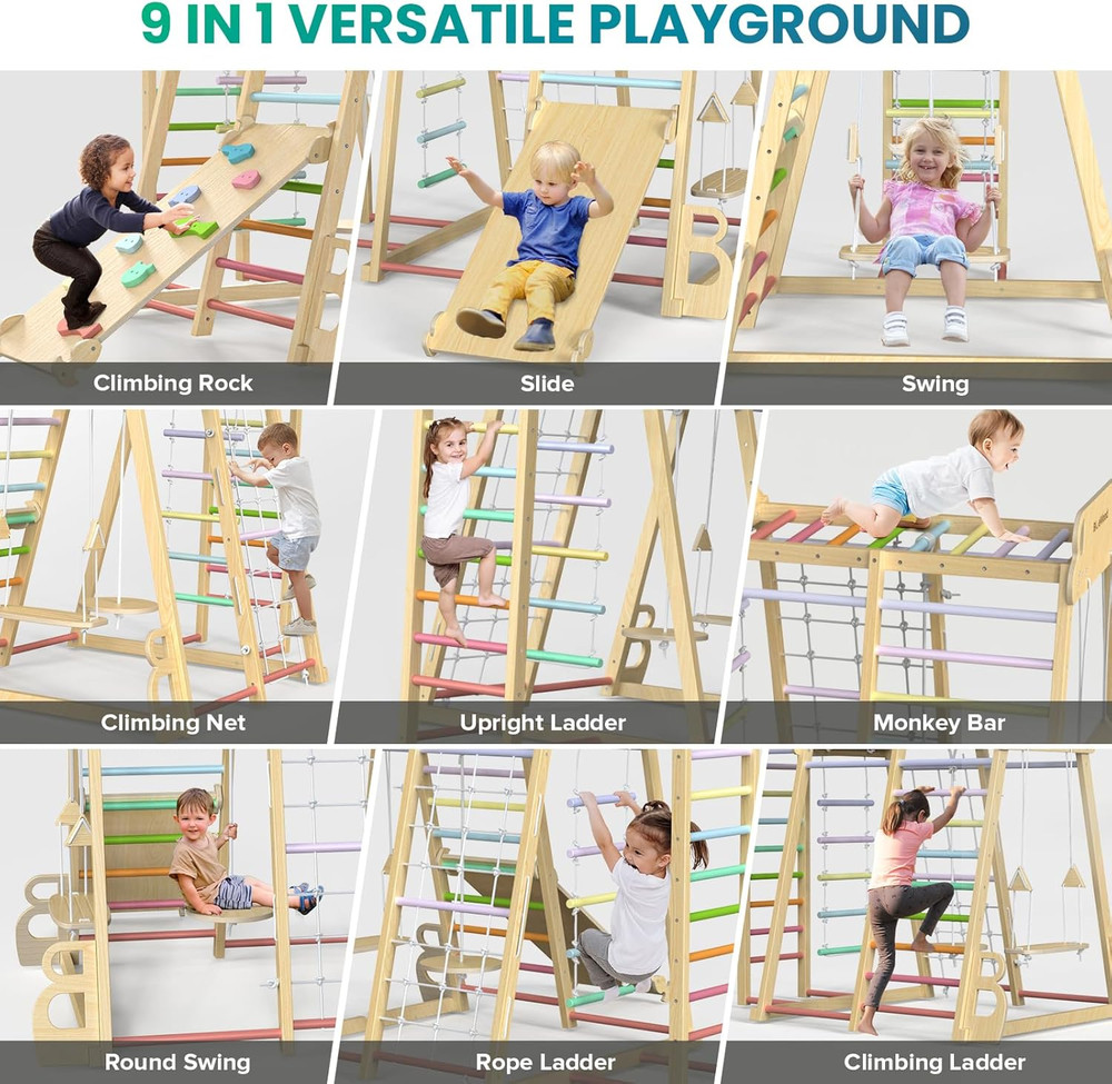 Upgraded Indoor Playground 9-In-1 Jungle Gym Kids Climbing Toys, Montessori P…