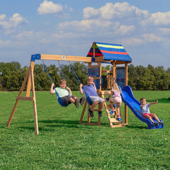 Bay Pointe Cedar Wood Swing Set with Wave Slide, Play Deck, Rock Wall Ladder, Be