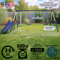 Kids Metal Swing Set with Trapeze 2 Person Glider Swing Slide Outdoor Playset