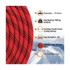 AOLEBA 10.5 mm Static Climbing Rope 70M(230ft) Outdoor Rock Climbing Rope, Red