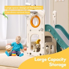 6 in 1 Toddler Playset with Hoop Ball Kids Playground Slide Outdoor Orange
