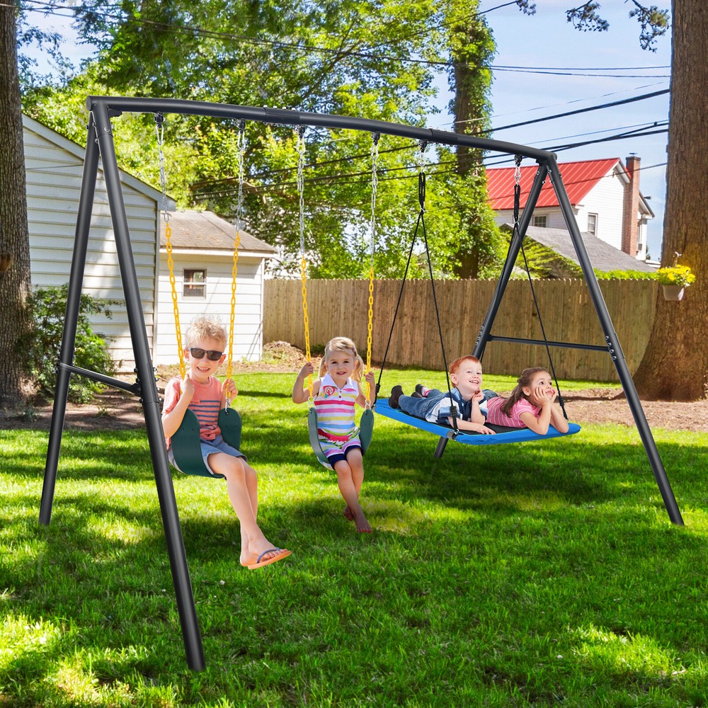 600lbs Heavy-Duty Metal Swing Set w/3 Swings & Frame Kids Adult Backyard Playset