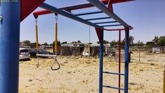 Outdoor Playground Set with Swings, Yellow Slide, Monkey Bars, Blue & Red Frame