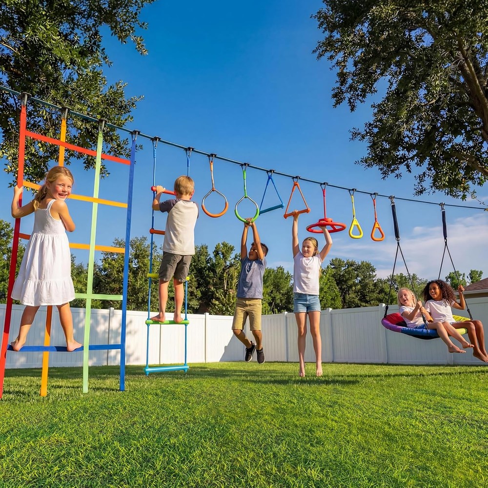 50 FT Ninja Warrior Obstacle Course Swing Set for Kids with Weather-Proof Acc…