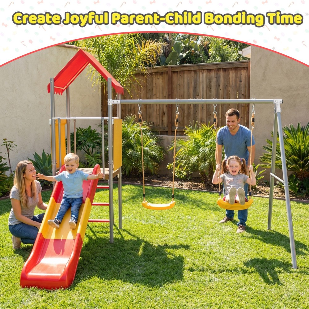Metal and Plastic Treehouse Swing Set with Slide,Belt Swings and Canopy for Kids