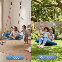 40Inch Blue Round Saucer Tree Swing Set w/Flag Decor&Adjustable Hanging Rope