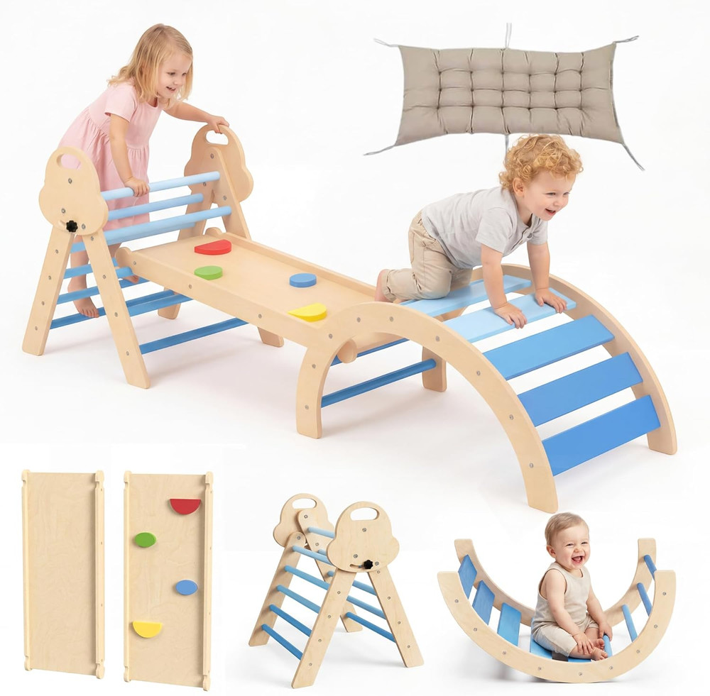 8-In-1 Wooden Climbing Set for Toddlers with Cushion, Foldable Montessori Indoor