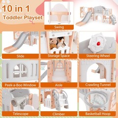 10 in 1 Toddler Swing and Slide Set w/Basketball Hoop, Telescope, Storage Space