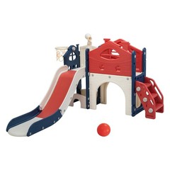 6 in 1 Toddler Slide, Kids Slide with Climber, Basketball Hoop, Tunnel