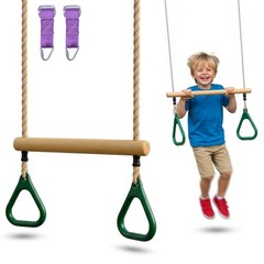 Adjustable Wooden Trapeze Swing Bar for Kids – 18″ Monkey Bars & Rings – Ninja W