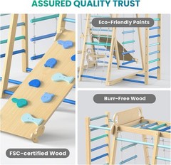 Indoor Jungle Gym 9-in-1 Wooden Montessori Climbing Kids Toys w/Slide, Swing, Mo