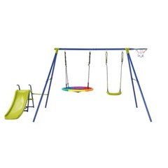 4-in-1 Kids Outdoor Heavy-Duty Metal Playset Swing Set w/Slide & Basketball Hoop