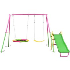 3 in 1 Outdoor Swing Set with Slide & Saucer Swing for Backyard