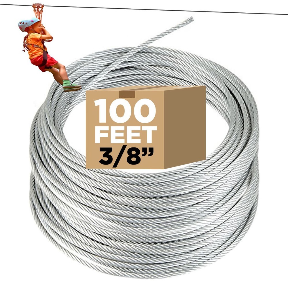 100 FT Zip Line Cable, 3/8″ Galvanized Zipline Wire for Kids and Adults