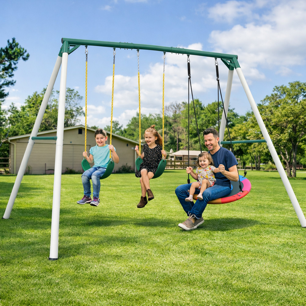 700lbs Large Metal Swing Set with 3 Swings Heavy Duty Frame Outdoor Kids Playset