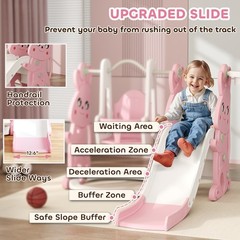 4 in 1 Toddler Slide and Swing Set w/ Climber, Basketball Hoop, Pink