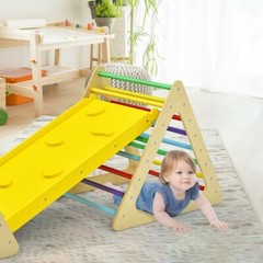 3-in-1 Kid Climbing Ladder Set 2-Triangle Climber W/ Ramp Sliding Wooden Playset