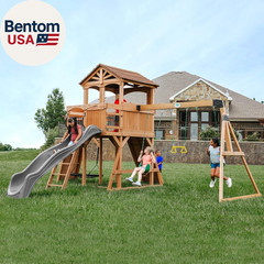 Sterling Point Cedar Wood Swing Set with Wave Slide, Raised Clubhouse, Wooden Br