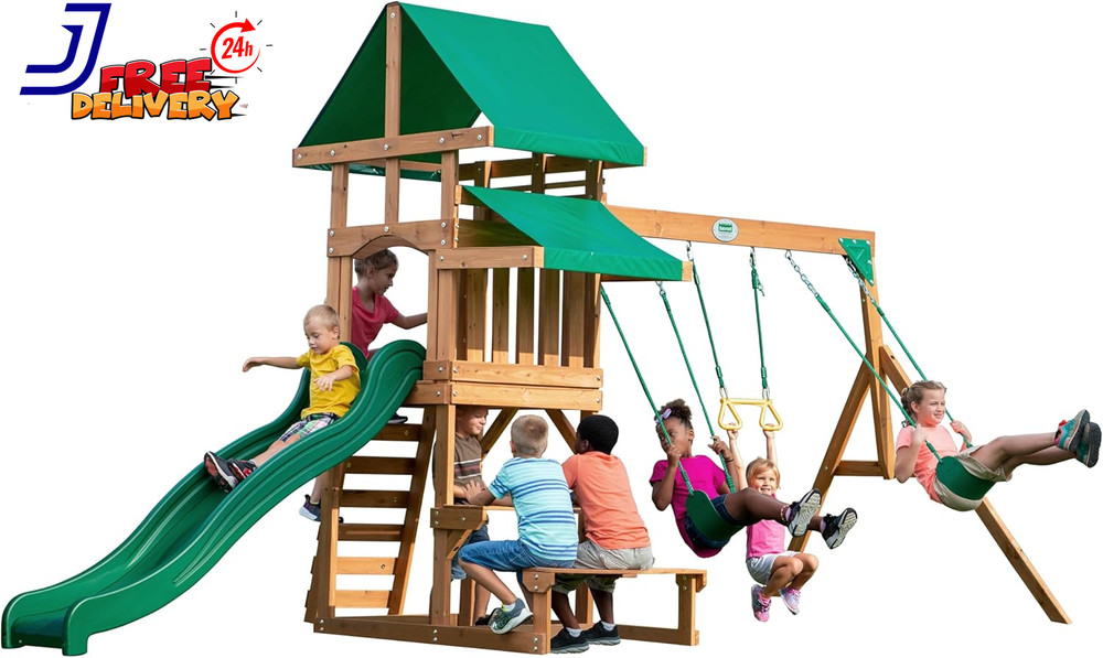 Belmont Cedar Wood Swing Set with Wave Slide Rock Wall Ladder Outdoor Playset
