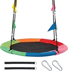 40″ Colorful Round Saucer Tree Swing Set with Flag Decor&Adjustable Hanging Rope