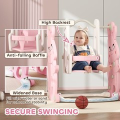 Qaba 4 in 1 Toddler Slide and Swing Set w/ Climber, Basketball Hoop, Pink