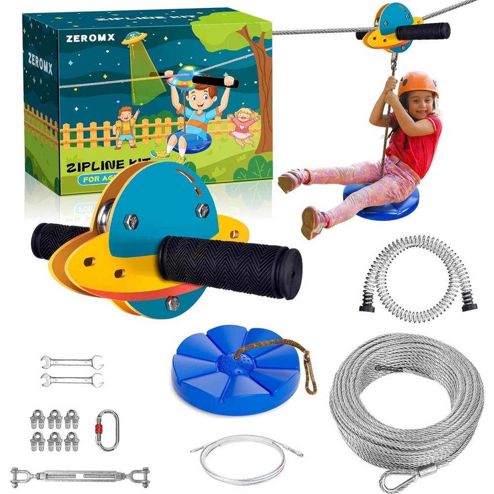Zip Line Kit for Kids and Adults Outdoor, UFO Trolley 75/100/120/150ft Ziplin…