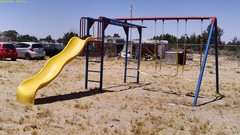 Outdoor Playground Set with Swings, Yellow Slide, Monkey Bars, Blue & Red Frame