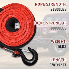 3/8″ x 92ft Synthetic Winch Rope, 26500lbs Winch Rope 3/8″ x 92ft, 26500lbs