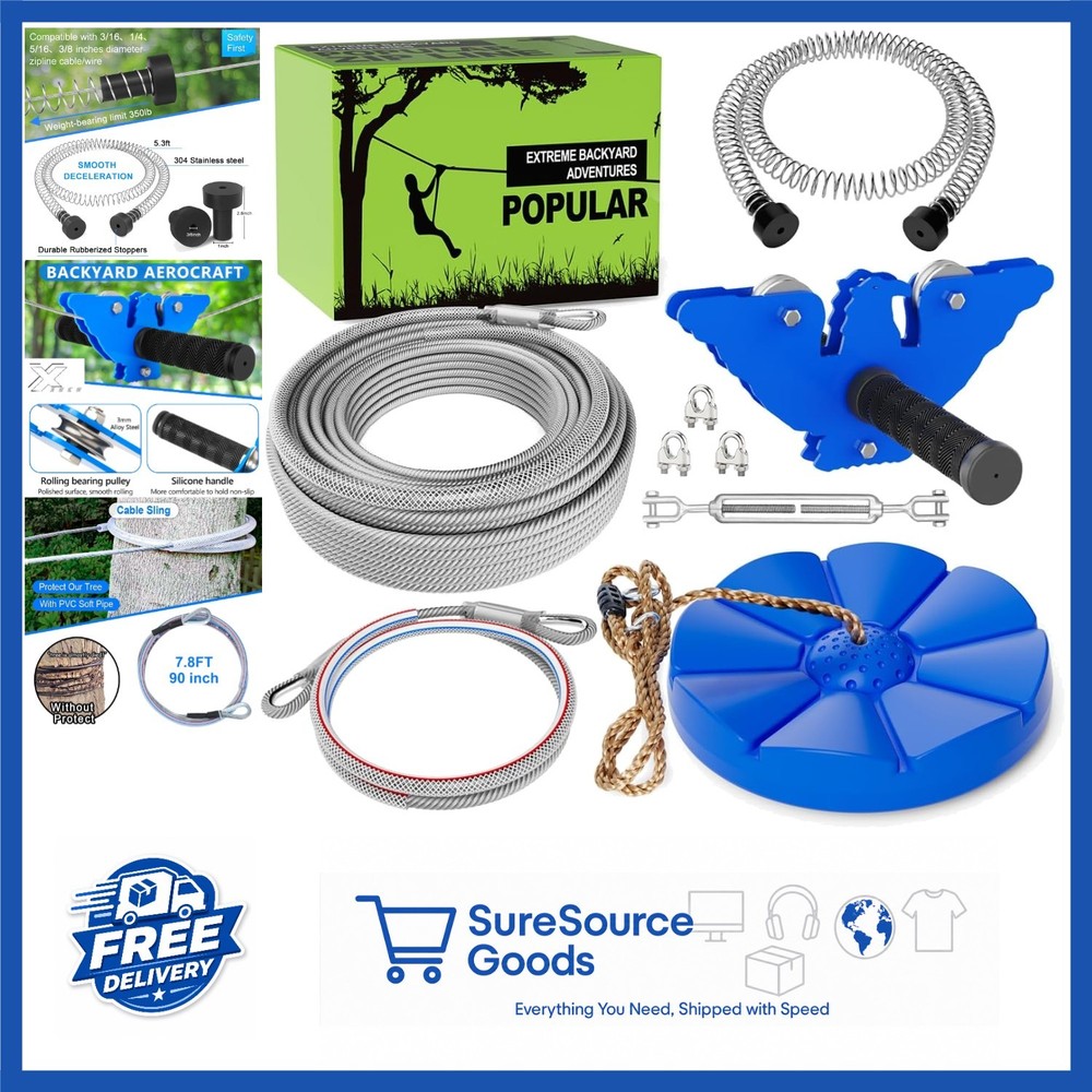 75FT Zip Line for Kids and Adults with Swing Seat and Safety Brake System