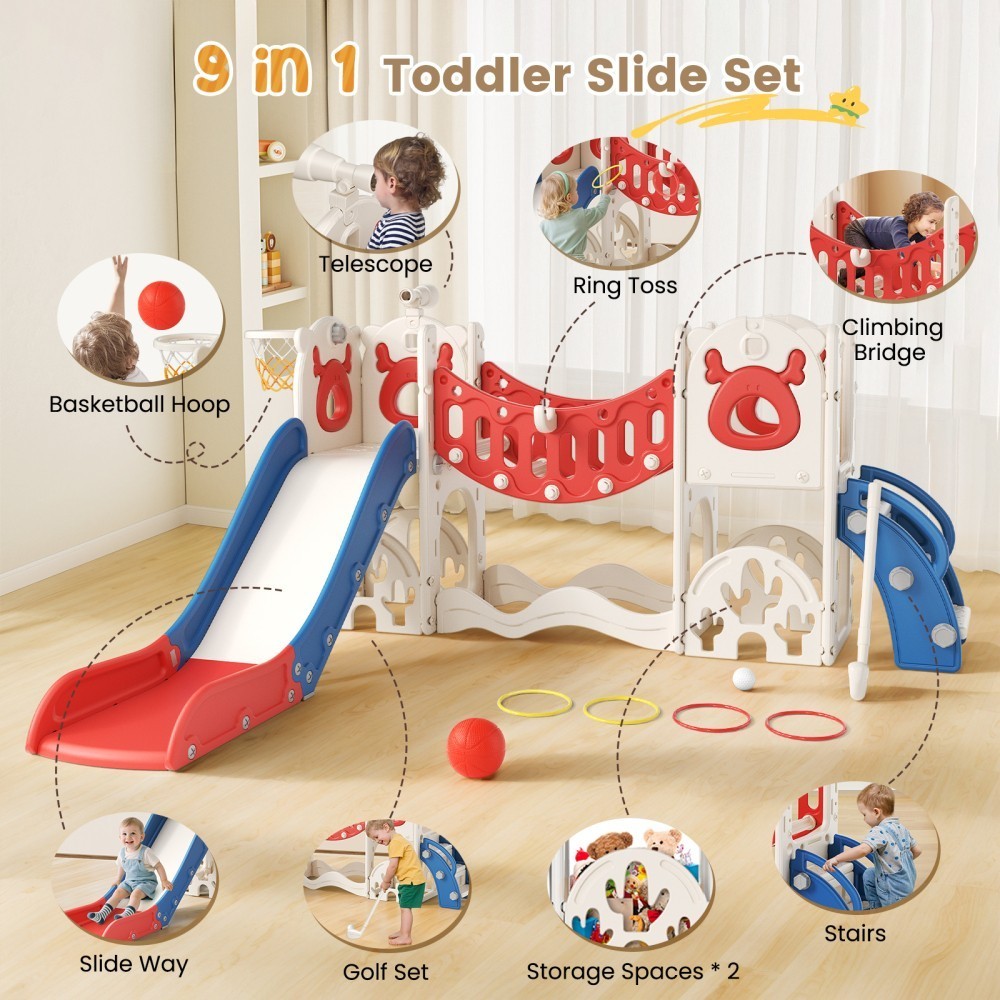 11 in1 Toddler Double Slides Clmber Playset Climber Playground Basketball Hoop