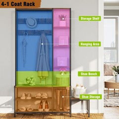 Espelism Hall Tree with Shoe Storage Bench Coat Rack with 7 Hooks Interchange…