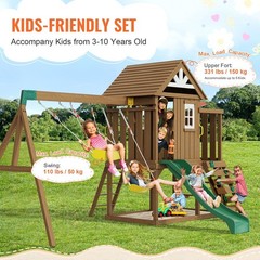 9-in-1 Wooden Swing Set: 6ft Slide, Rock Wall, Trapeze, Picnic Table