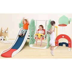 Toddler 7-in-1 Slide Swing Playground,Kids Climber Set w Hoop,Soccer&Golf Green