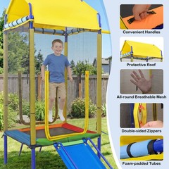 5-in-1 Kids Swing Set w/Trampoline Roof 2 Belt Swings Slide Ladder for Children