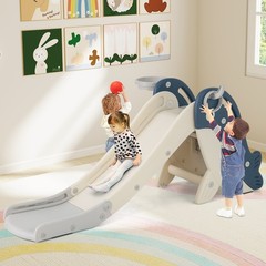 Foldable Freestanding Baby Slide Climber Playset Basketball Hoop Blue Kids Toy