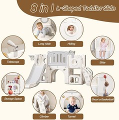 8 in 1 Toddler Slide Kids Climber Slide with Storage Space Outdoor Playset Grey
