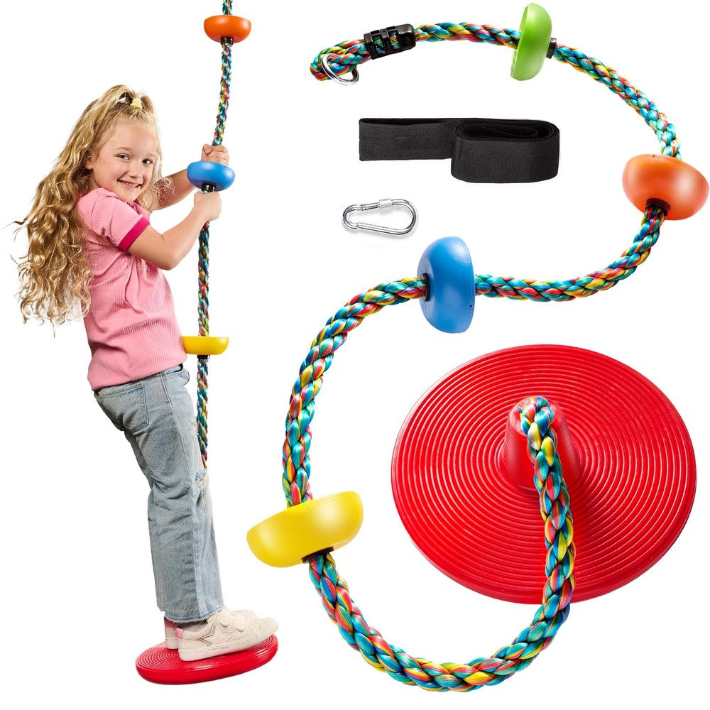 Tree Swing for Kids – Single Disc Seat and Rainbow Climbing Rope Set w/Carabi…