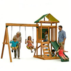 Wooden Swing Set Outdoor Kids Slide Backyard Playground Playset Rock Chalk Wall