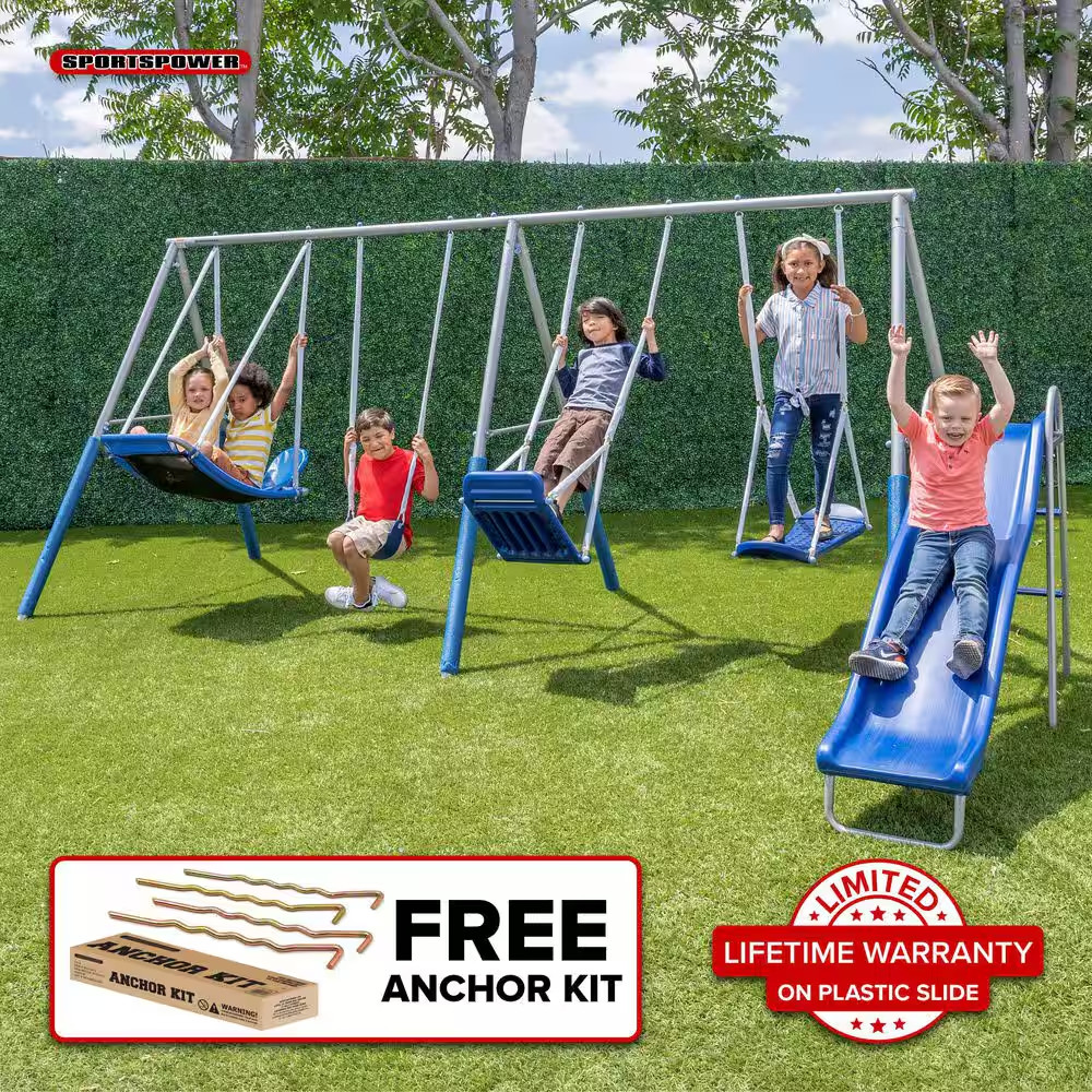 Super Surfer Metal Swing Playset with Slide, Skyflyer and Surfboard Swings, A…