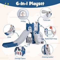 6-in-1 Kids Indoor Slide Playset w/Basketball Hoop, Telescope, Climbing Ladder