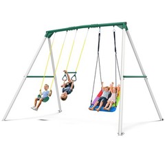 Hapfan 9.5ft Tall Heavy Duty Metal Outdoor Swing Set with 3 Swings & Trapeze Bar