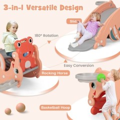 3 x 1 Kids Slide Rocking Horse Set Convertible Toddler Slide w/ Basketball Hoop