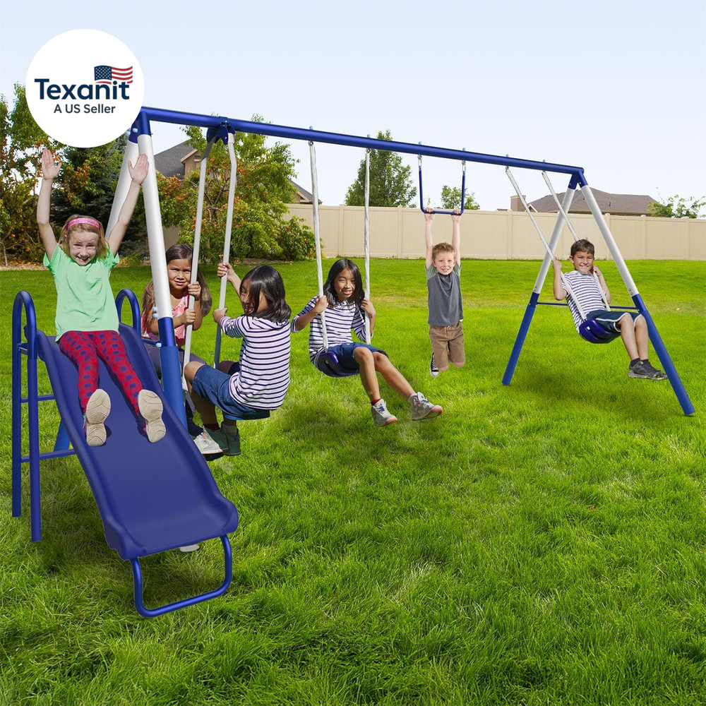 Arcadia Metal Swing Set for Kids – Trapeze, 2-Person Glider, 5Ft Slide, Anchor K