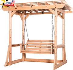 Wood Outdoor Patio Pergola Swing Bench with Trellis 600Lb Weight Capacity for Po