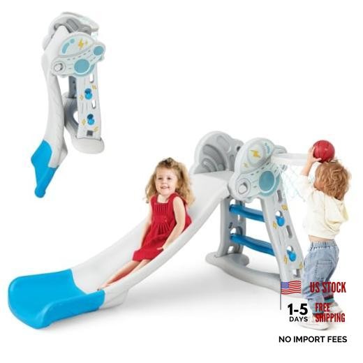 Toddler Slide, 3 in 1 Foldable Kids Slide Indoor Slideway with Basketball Blue