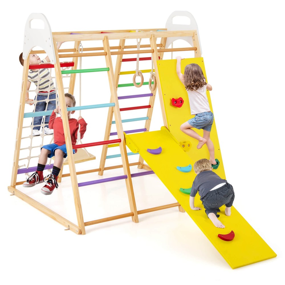 8-in-1 Jungle Gym Playset, Wooden Climber Play Set w/ Monkey Bars Colorful