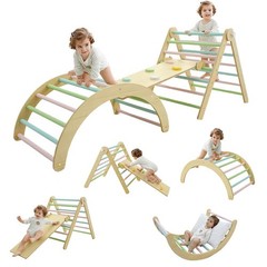 Wooden Climbing Frame Toddlers Baby Climbing Toys Triangle Set with Ramp & Arch